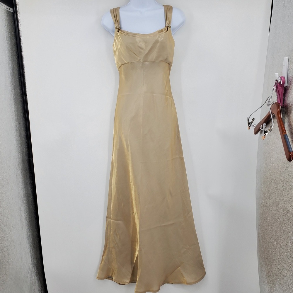Vintage 90s Cachet Gold Champagne Shimmer Formal Gown Rhinestone Dress Size 4